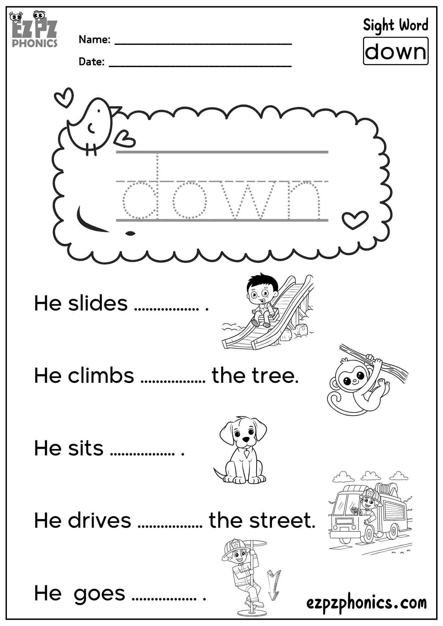 The Word “Down” - Dolch Pre-Kindergarten Sight Words Sentences Worksheet – Free PDF Download